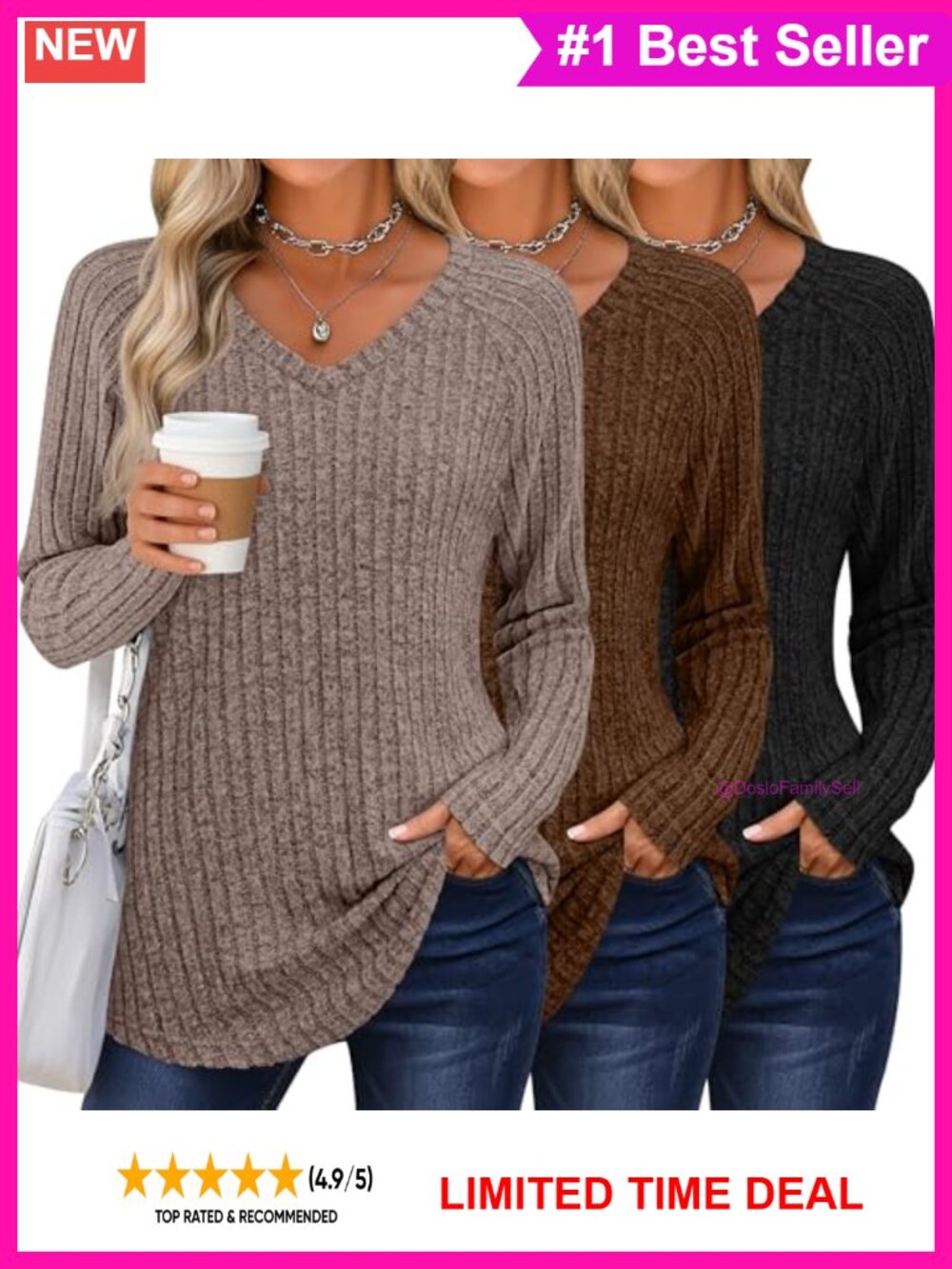 3 Pack Womens Ribbed Long Sleeve V Neck Tunic Sweater Tops